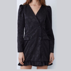 Zara Jacquard Blazer Dress Women’s Large Black V-Neck Bottom Ruffle Polka Dot